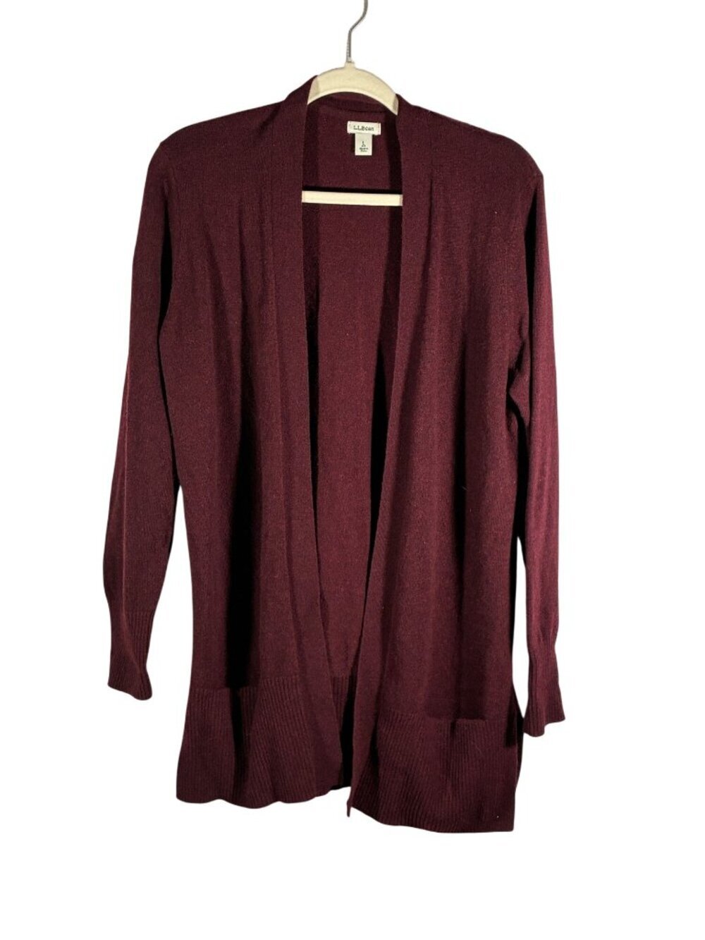 LL Bean Burgundy wine 100% Cashmere Open Front long line Cardigan Sweater Size L - Picture 2 of 9